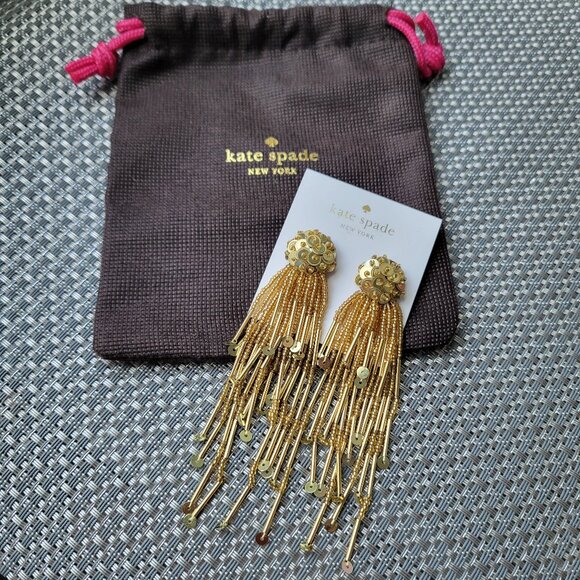 KATE SPADE "Glitzville" Gold Sequin & Beaded Long Tassel Earrings - Picture 4 of 7